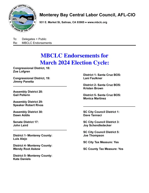 Endorsements For March 2023 Cycle | Monterey Bay Central Labor Council